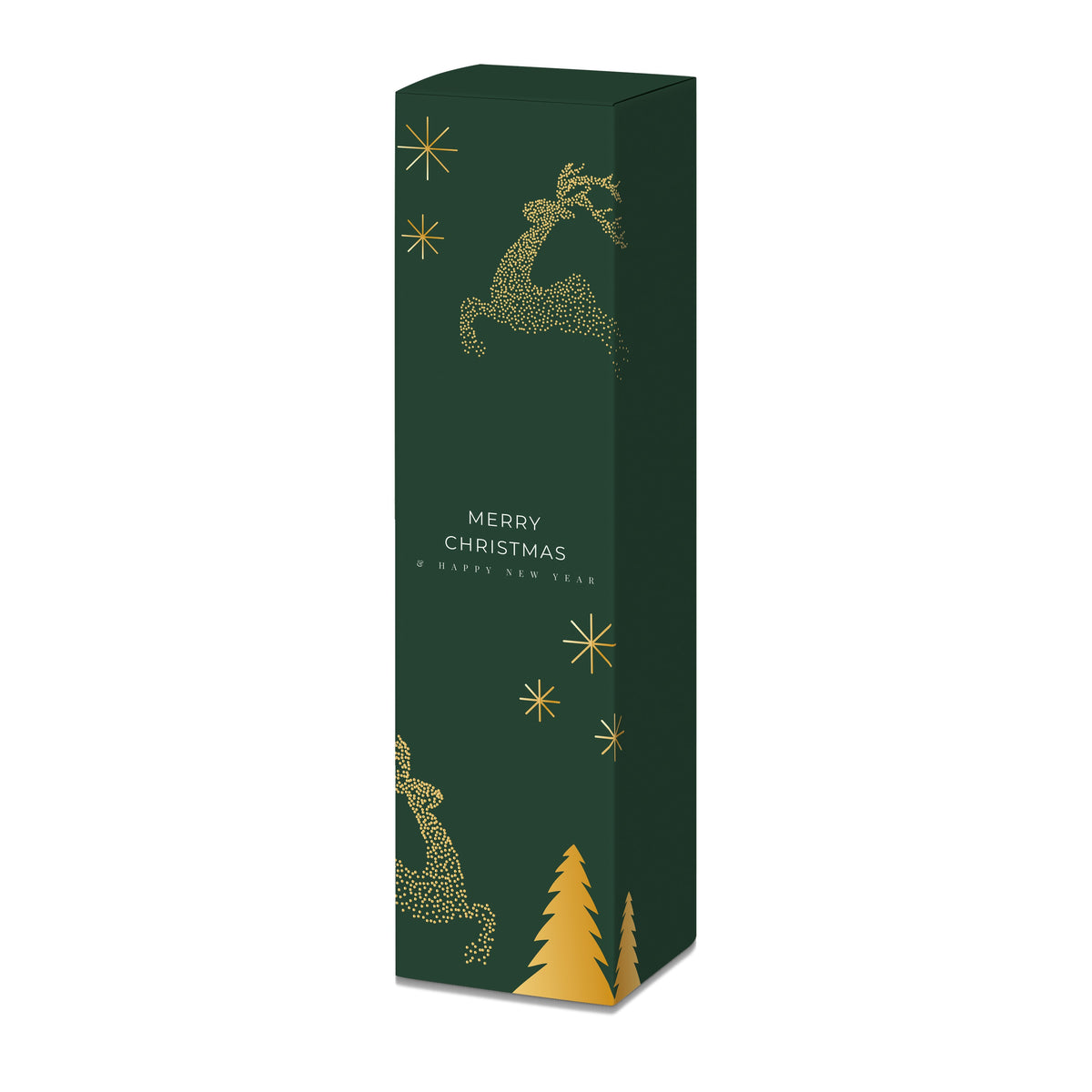 Weingeschenkkarton Reindeer – goldene Rentiere auf Dunkelgrün