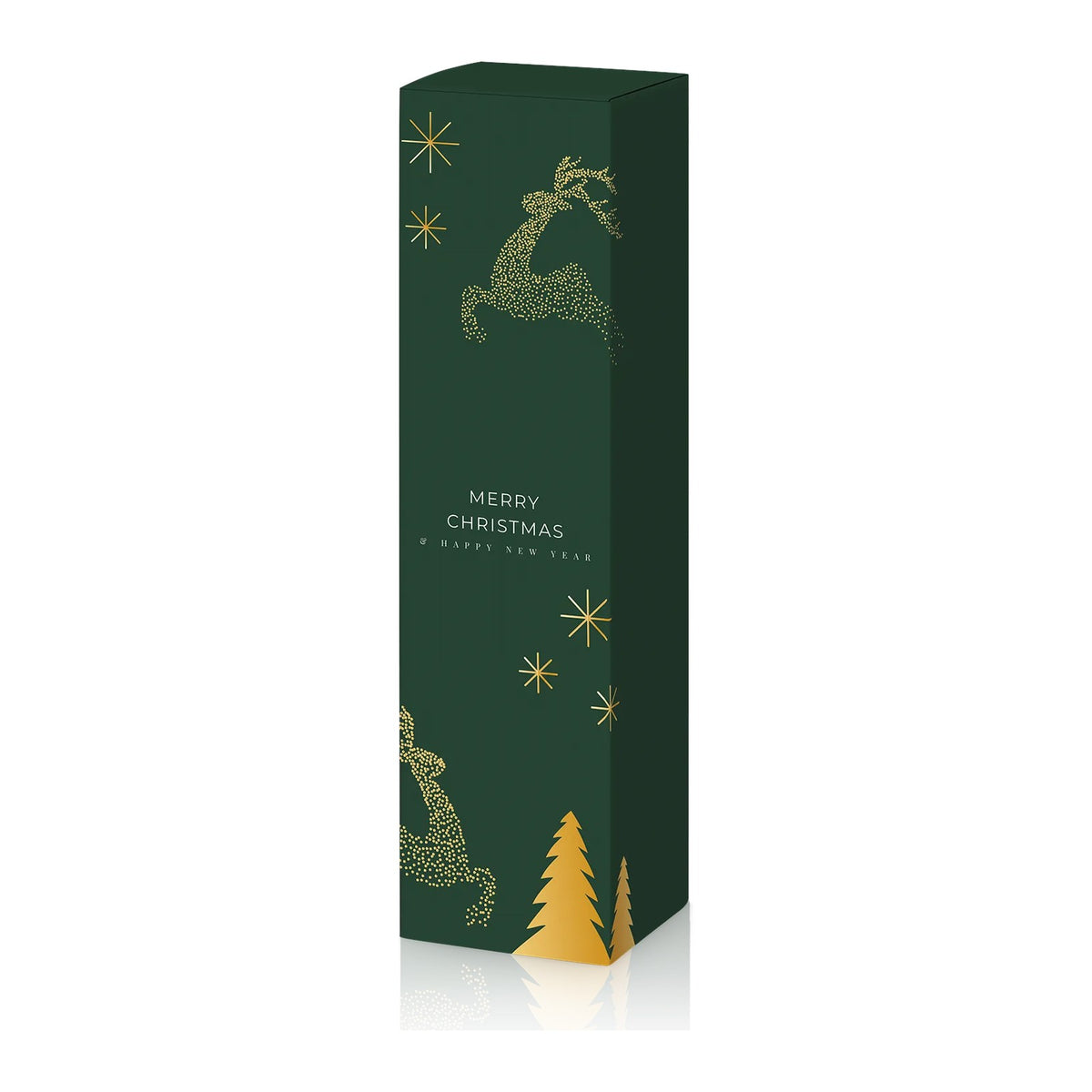 Weingeschenkkarton Reindeer – goldene Rentiere auf Dunkelgrün
