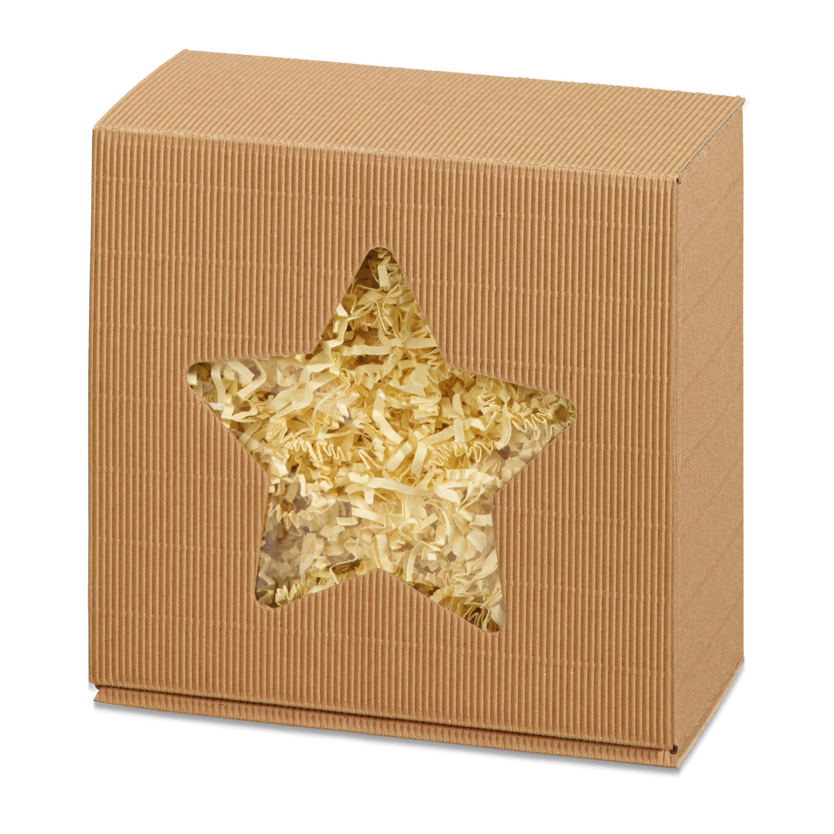 Geschenkbox Offene Welle natur mit Stern- oder Tannenbaum-Fenster – Stern-Fenster mit goldener Füllung