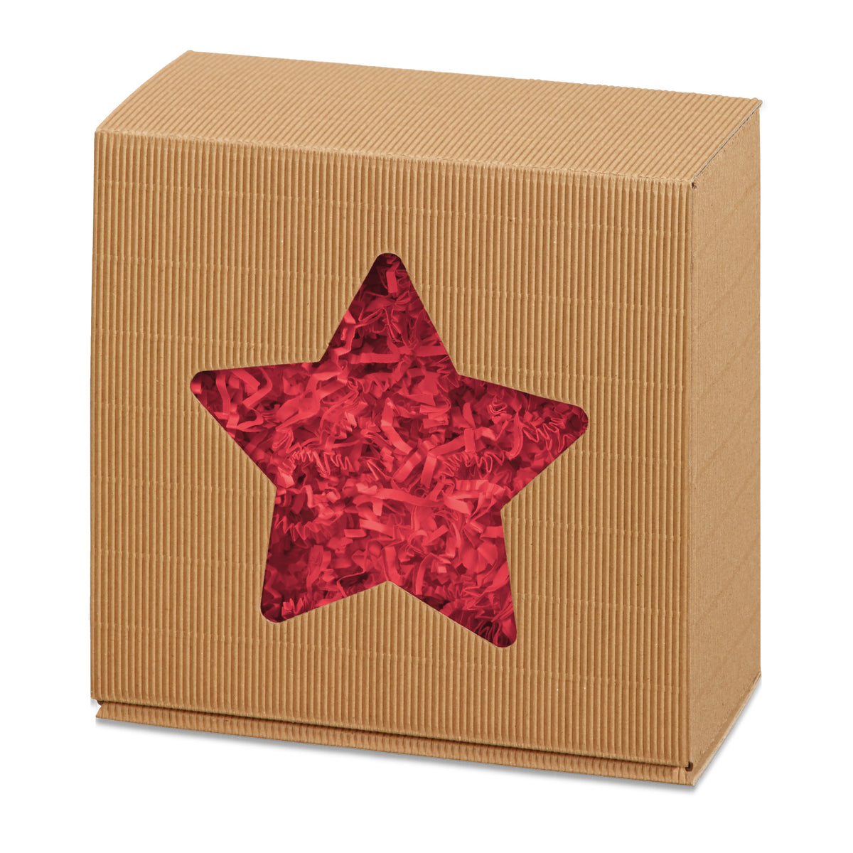Geschenkbox Offene Welle natur mit Stern- oder Tannenbaum-Fenster – Stern-Fenster mit roter Füllung