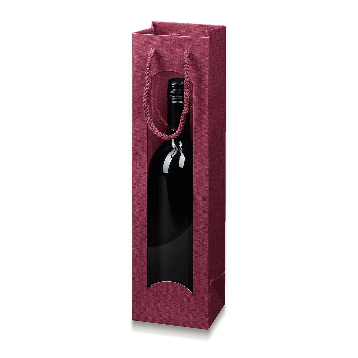 Papiertragetasche „Satina“ Bordeaux mit Fenster – Papiertragetasche „Satina“ Bordeaux mit Fenster für 1 Flasche (20 Stück)