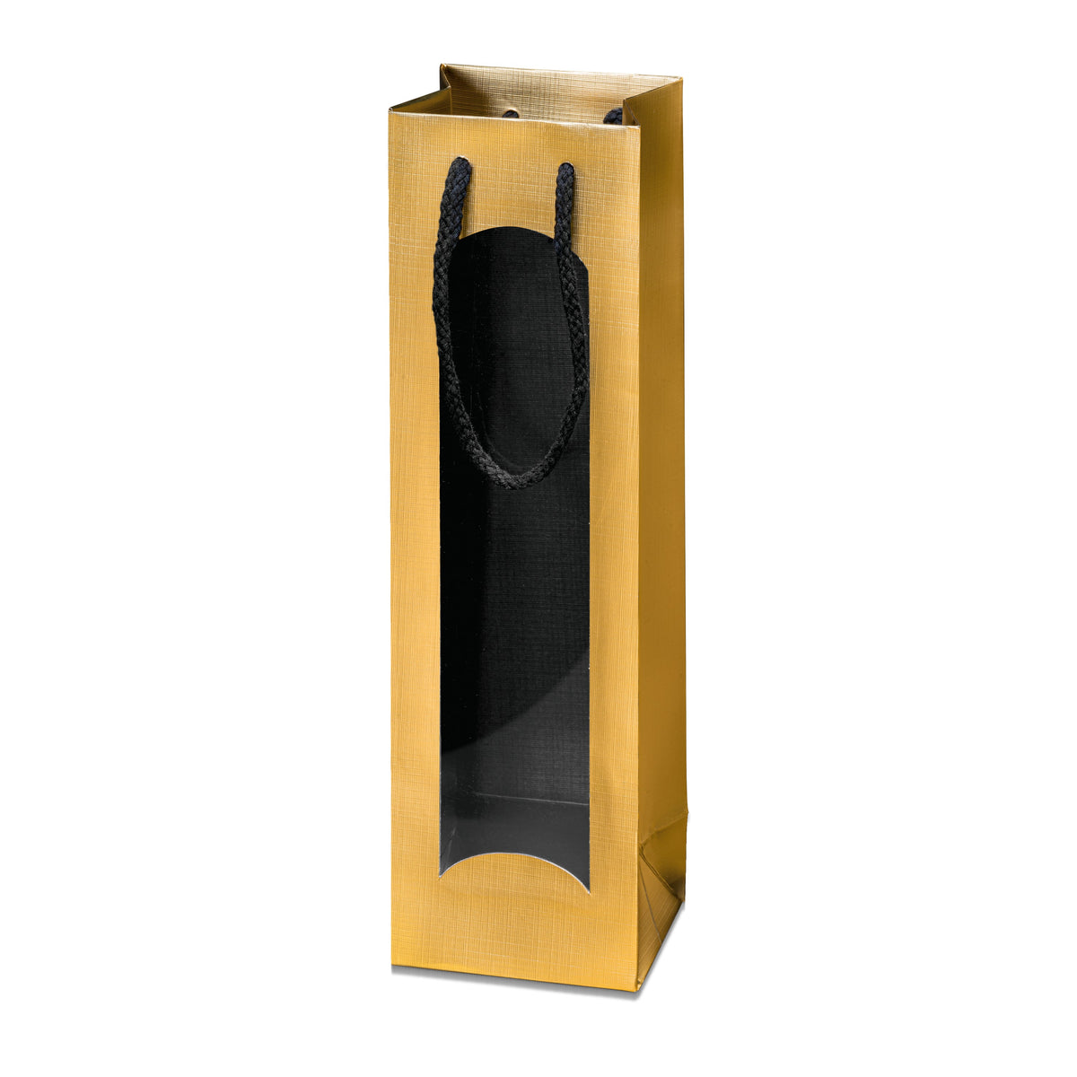 Papiertragetasche „Satina“ Gold/Schwarz mit Fenster – Papiertragetasche „Satina“ Gold/Schwarz mit Fenster für 1 Flasche (20 Stück)