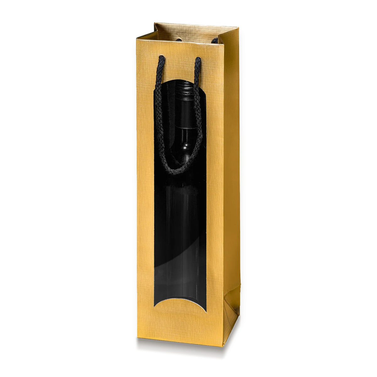 Papiertragetasche „Satina“ Gold/Schwarz mit Fenster – Papiertragetasche „Satina“ Gold/Schwarz mit Fenster für 1 Flasche (20 Stück)