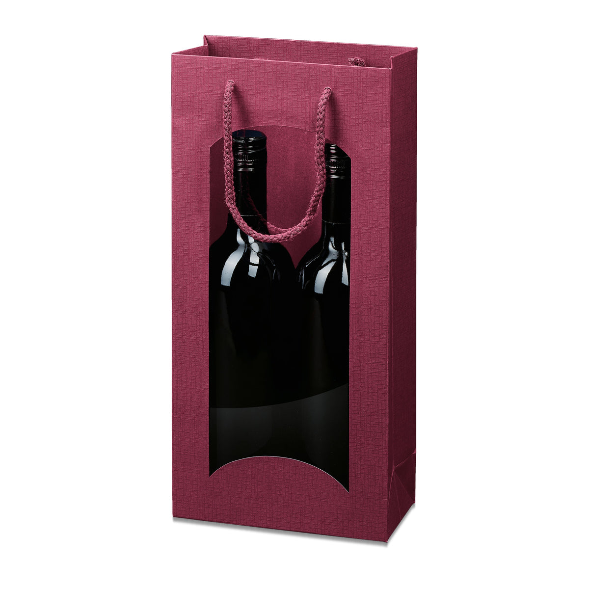 Papiertragetasche „Satina“ Bordeaux mit Fenster – Papiertragetasche „Satina“ Bordeaux mit Fenster für 2 Flaschen (20 Stück)