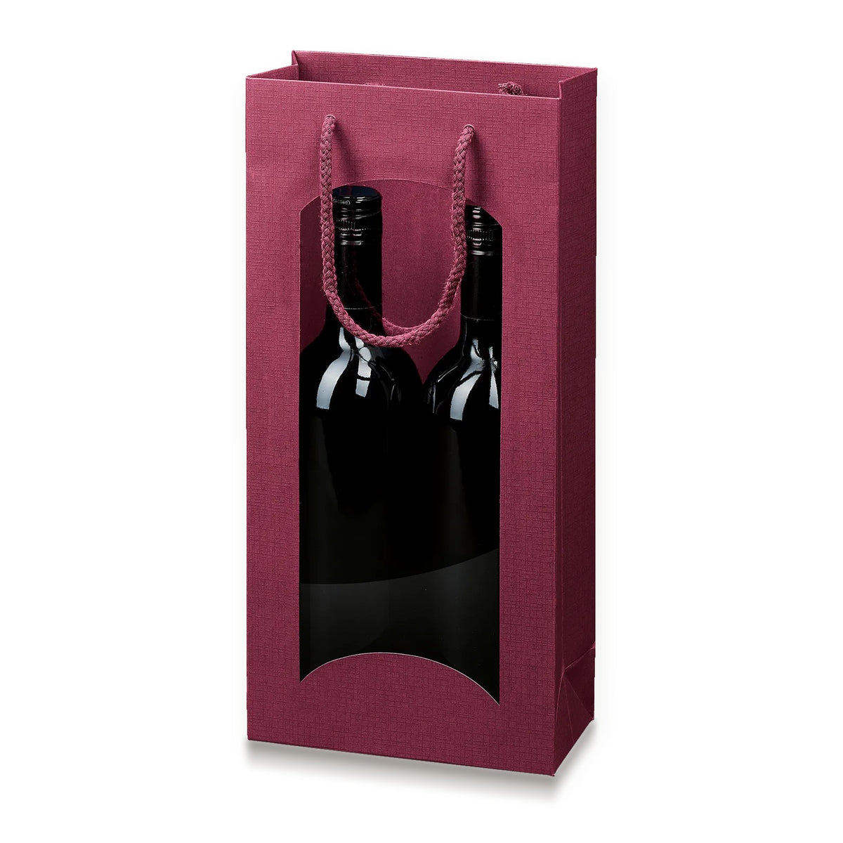 Papiertragetasche „Satina“ Bordeaux mit Fenster – Papiertragetasche „Satina“ Bordeaux mit Fenster für 2 Flaschen (20 Stück)
