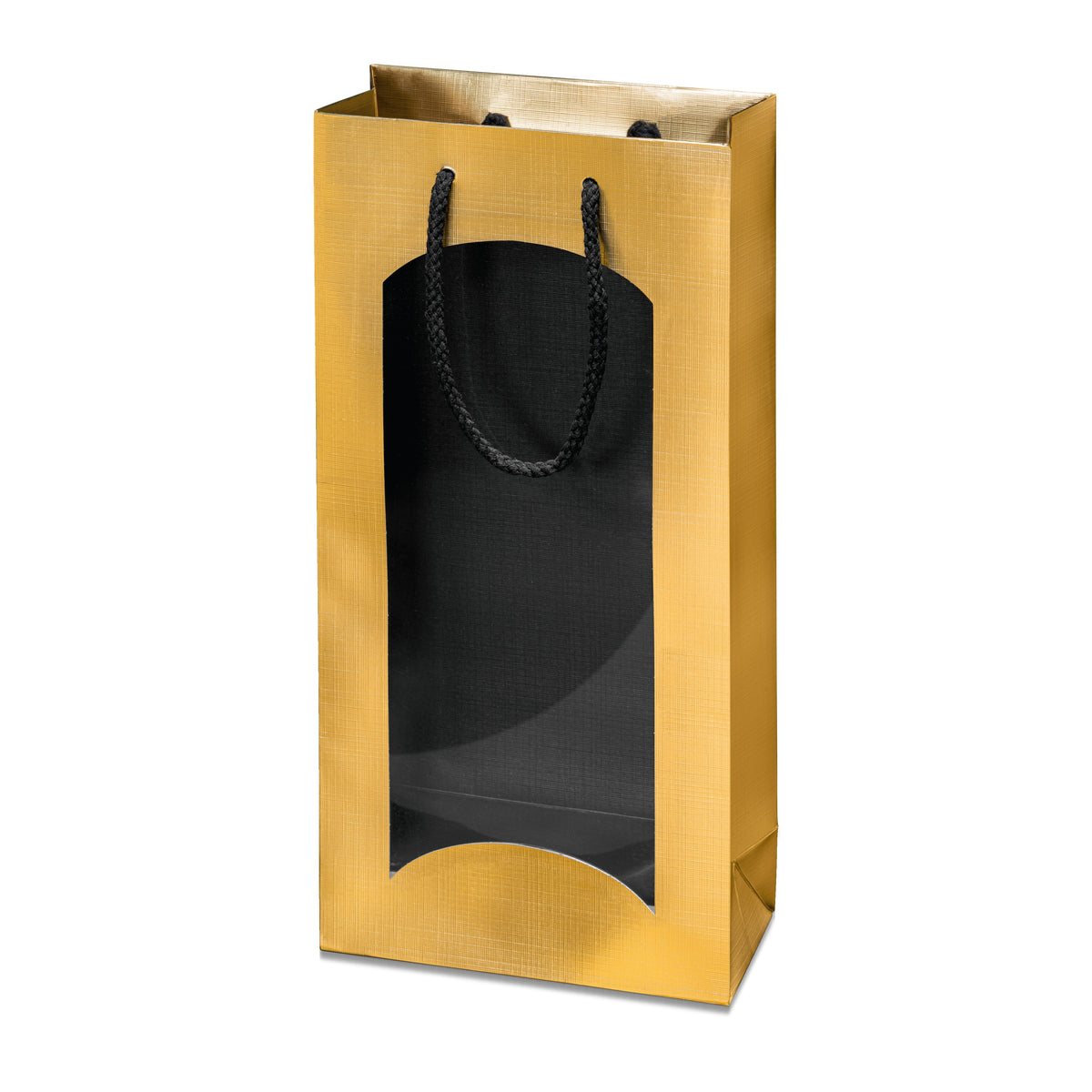 Papiertragetasche „Satina“ Gold/Schwarz mit Fenster – Papiertragetasche „Satina“ Gold/Schwarz mit Fenster für 2 Flaschen (20 Stück)