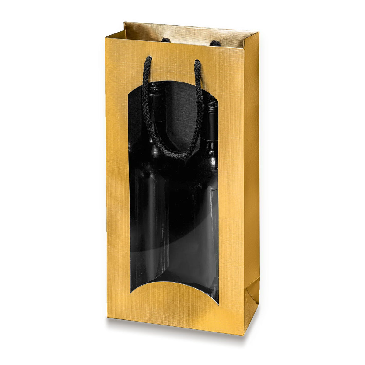 Papiertragetasche „Satina“ Gold/Schwarz mit Fenster – Papiertragetasche „Satina“ Gold/Schwarz mit Fenster für 2 Flaschen (20 Stück)