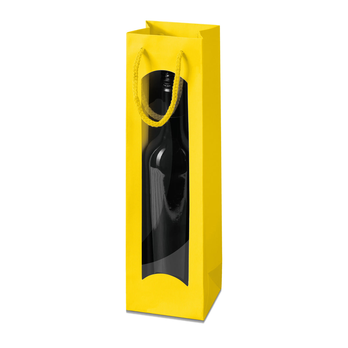 Papiertragetasche „Linea“ Gelb mit Fenster – Papiertragetasche „Linea“ Gelb mit Fenster für 1 Flasche (20 Stück)