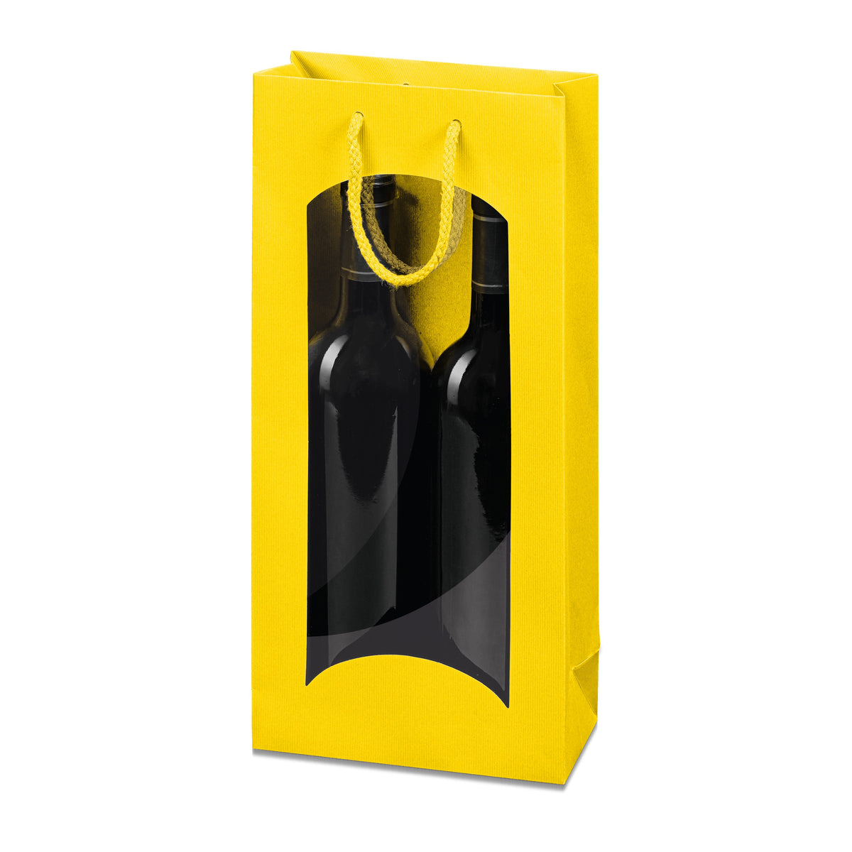 Papiertragetasche „Linea“ Gelb mit Fenster – Papiertragetasche „Linea“ Gelb mit Fenster für 2 Flaschen (20 Stück)