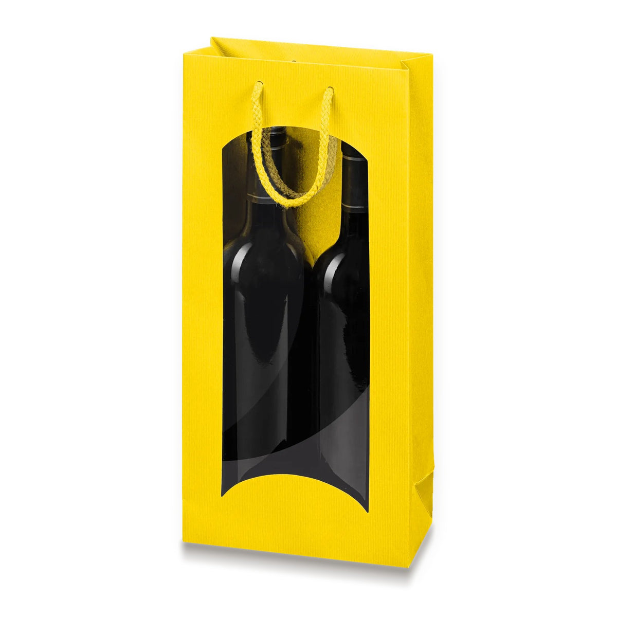Papiertragetasche „Linea“ Gelb mit Fenster – Papiertragetasche „Linea“ Gelb mit Fenster für 2 Flaschen (20 Stück)
