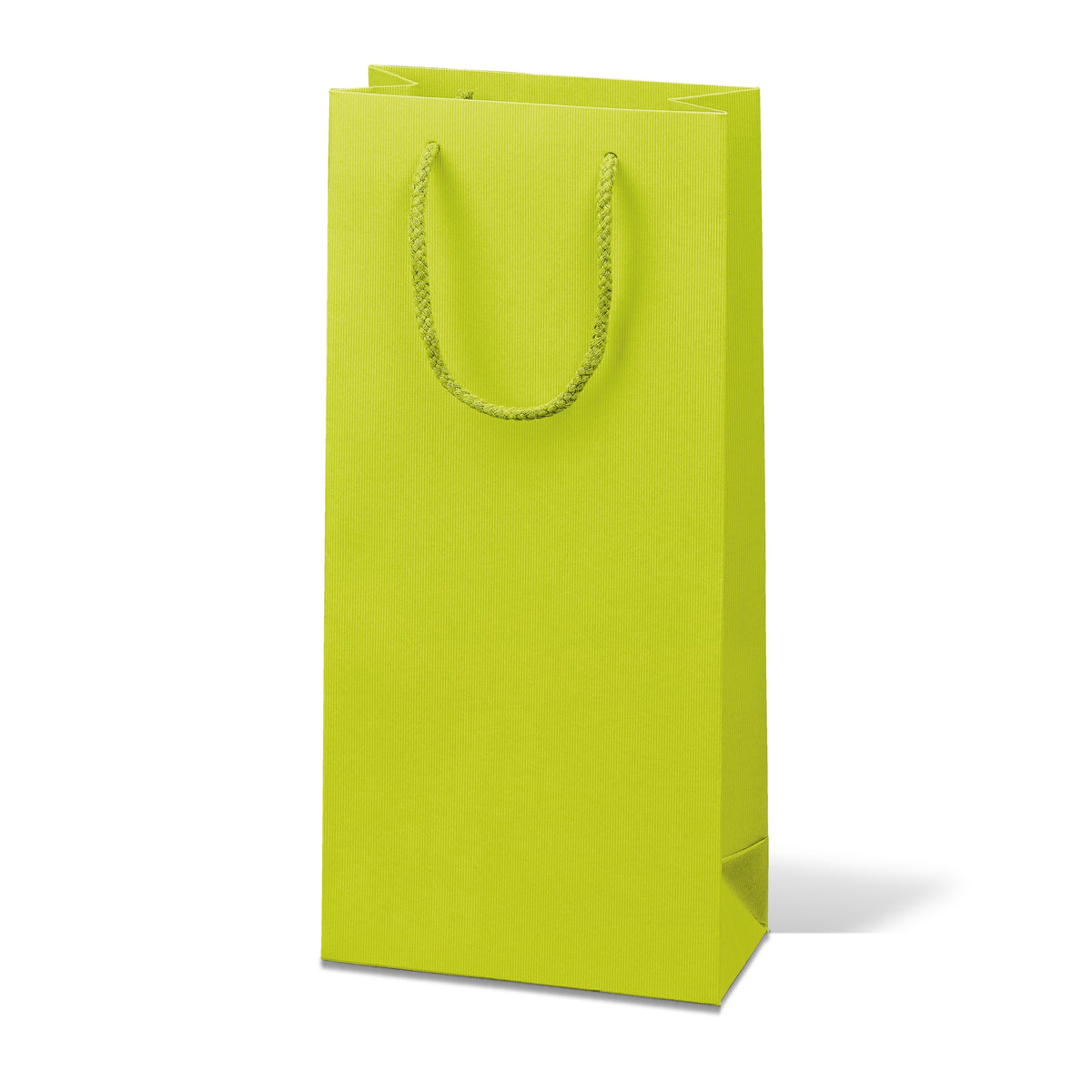 Papiertragetasche „Linea“ Limette mit Streifenprägung – Papiertragetasche „Linea“ Limette mit Streifenprägung für 2 Flaschen   20 Stück