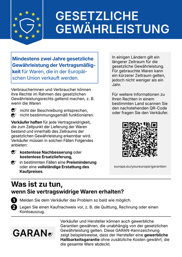 Amtlicher Hinweis der EU „Gesetzliche Gewährleistung“: Mindestens zwei Jahre gesetzliche Gewährleistung für Waren, die in der Europäischen Union verkauft werden – mit Rechten und Ablauf bei vertragswidriger Ware.