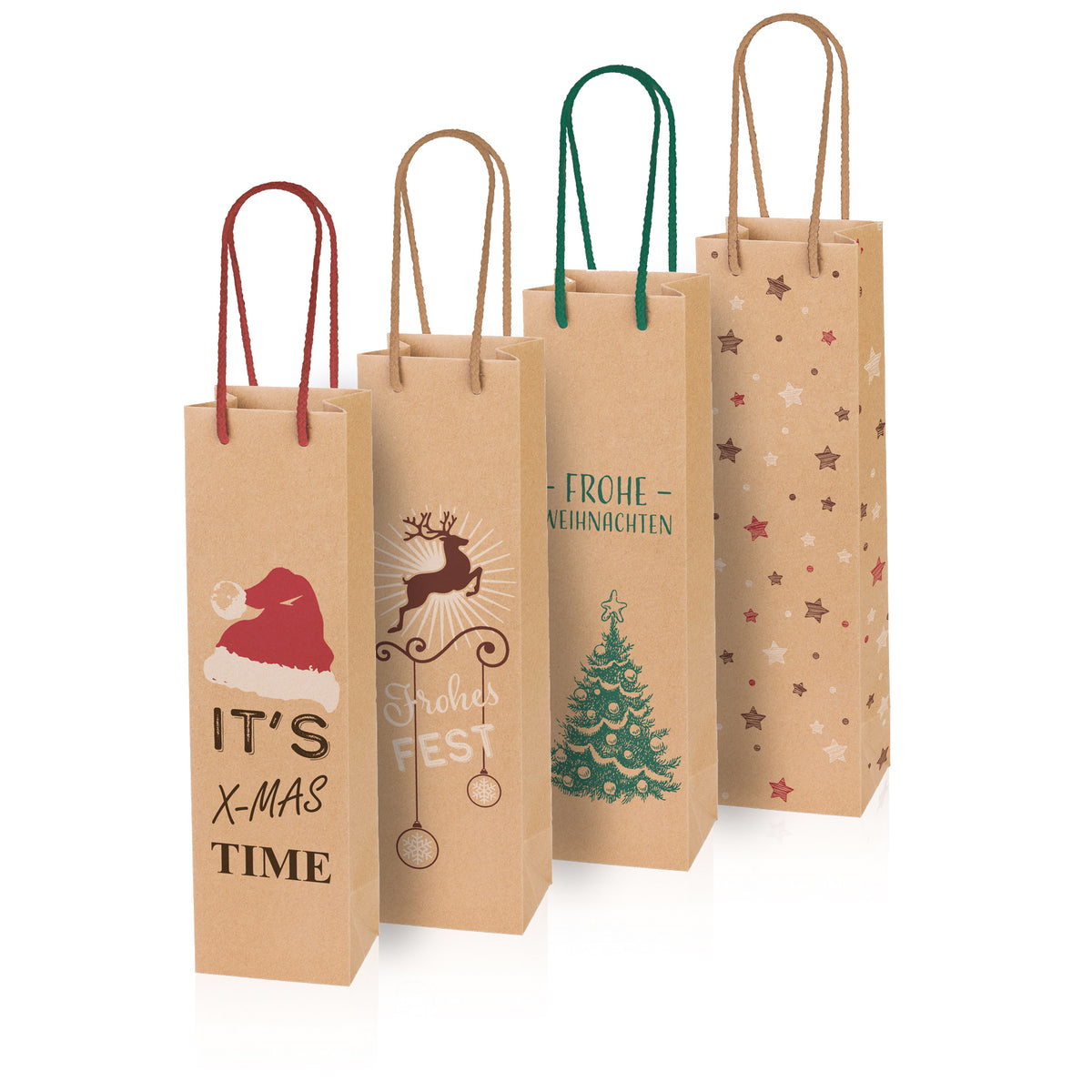 Tragetasche Sortiment „Christmas“ Kraftpapier Natura für 1 Flasche 20 Stück