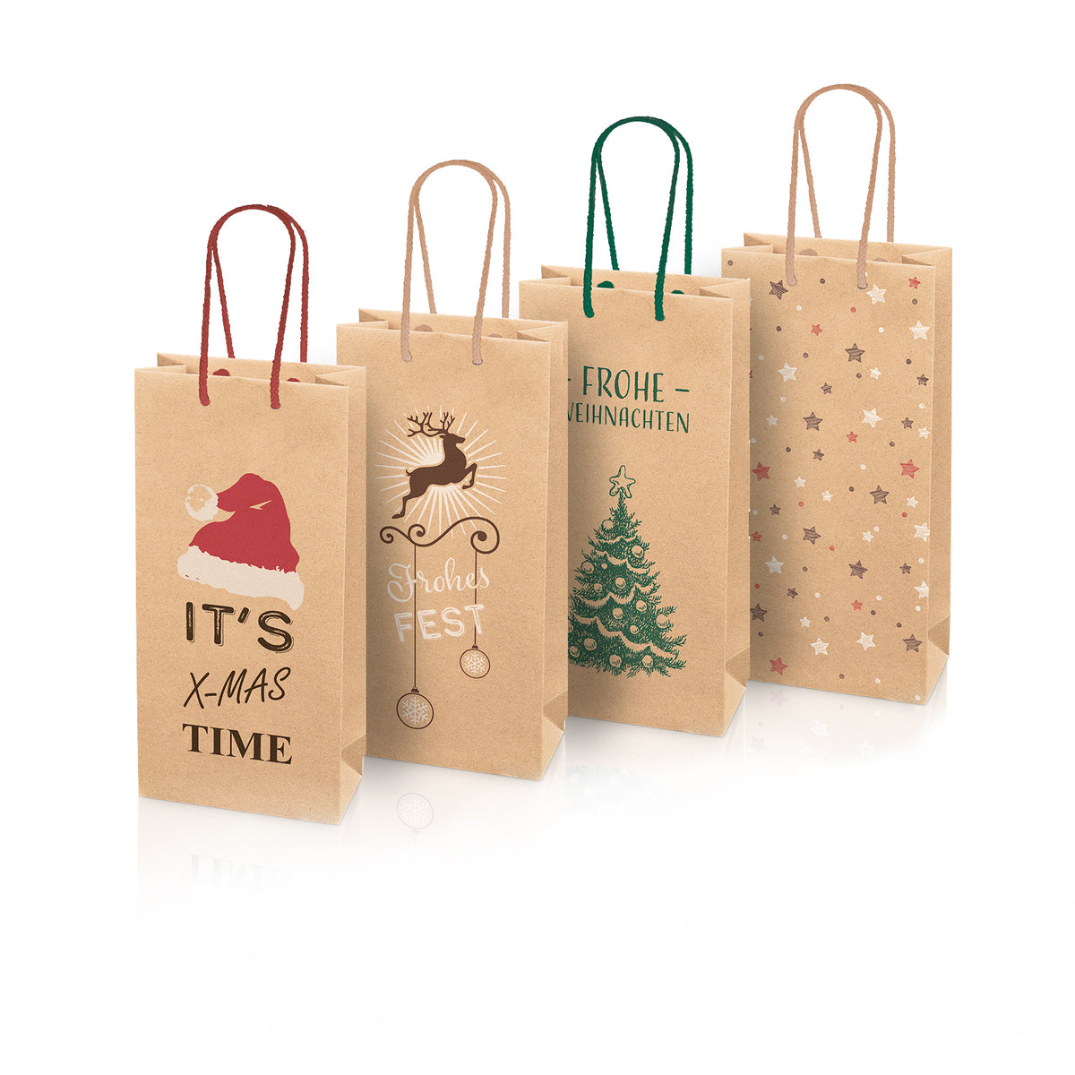 Tragetasche Sortiment „Christmas“ Kraftpapier Natura für 2 Flaschen 20 Stück