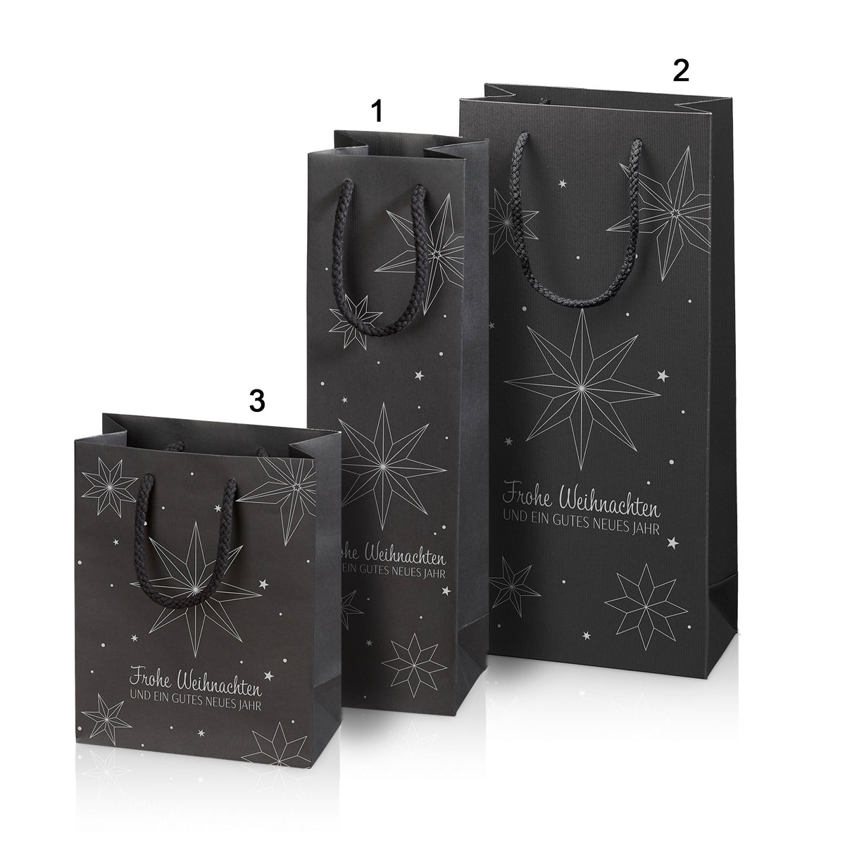 Papiertragetasche „Linea Weihnachtssterne“ Schwarz in 3 Größen (20 Stück)